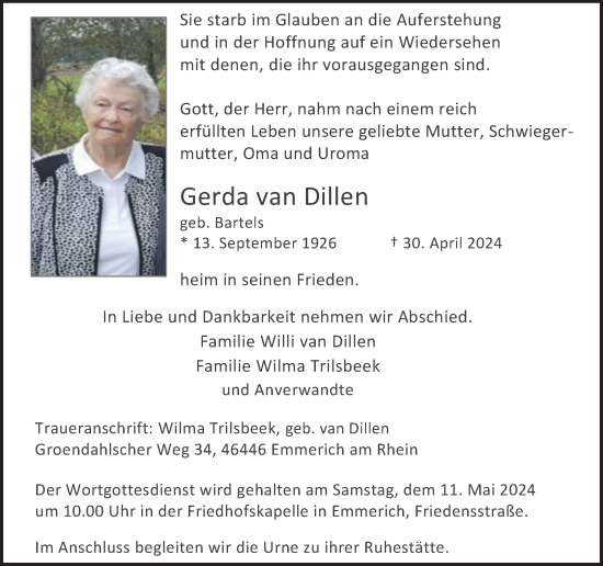 Traueranzeige von Gerda  van Dillen von Rheinische Post