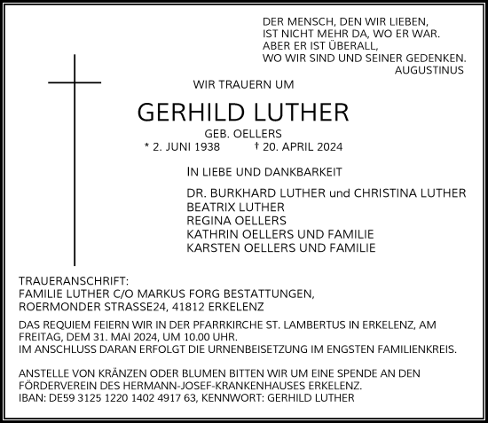 Traueranzeige von Gerhild Luther von Rheinische Post