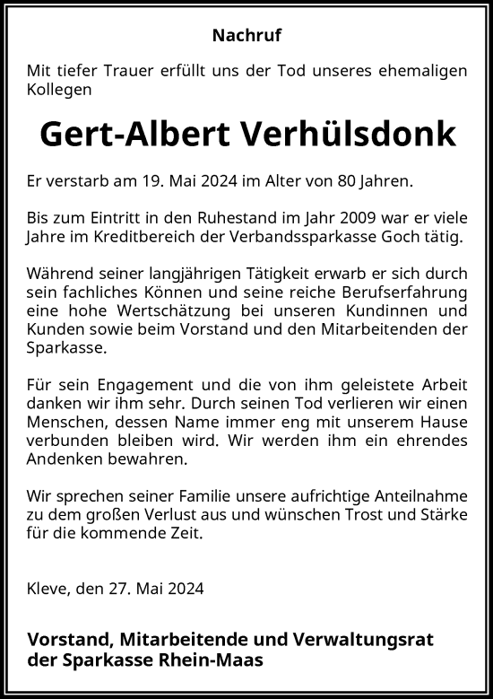 Traueranzeige von Gert-Albert Verhülsdonk von Rheinische Post