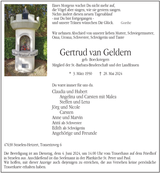 Traueranzeige von Gertrud van Geldern von Rheinische Post
