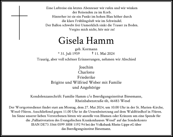 Traueranzeige von Gisela Hamm von Rheinische Post