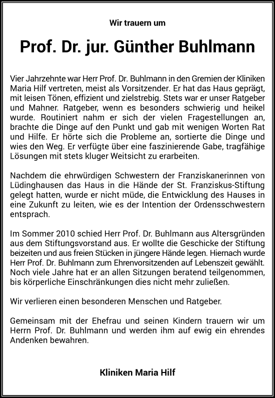 Traueranzeige von Günther Buhlmann von Rheinische Post