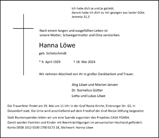 Traueranzeige von Hanna Löwe von Rheinische Post