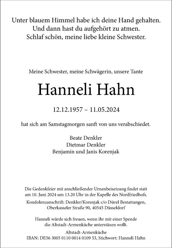 Traueranzeige von Hanneli Hahn von Rheinische Post