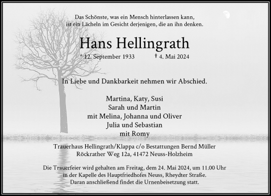 Traueranzeige von Hans Hellingrath von Rheinische Post