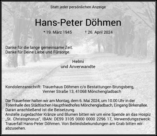 Traueranzeige von Hans-Peter Döhmen von Rheinische Post