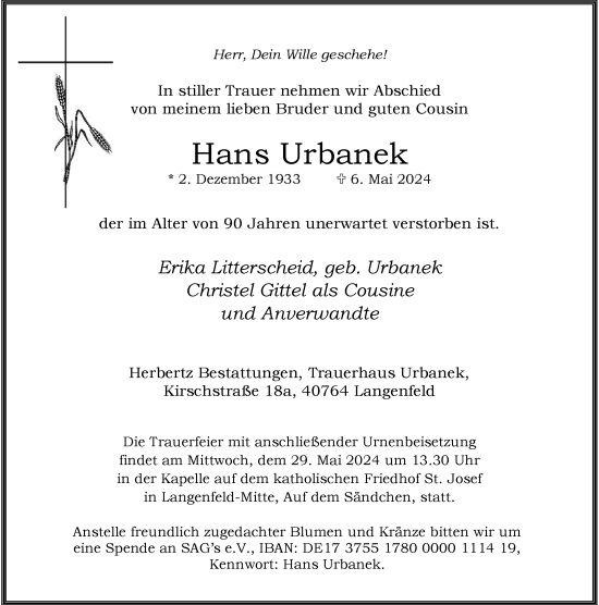 Traueranzeige von Hans Urbanek von Rheinische Post