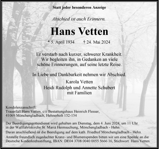 Traueranzeige von Hans Vetten von Rheinische Post