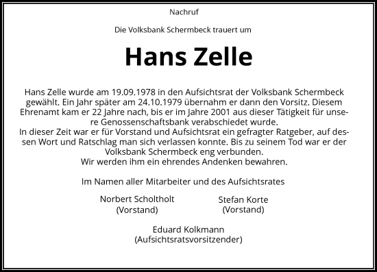 Traueranzeige von Hans Zelle von Rheinische Post