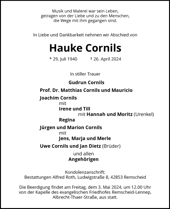 Traueranzeige von Hauke Cornils von Rheinische Post