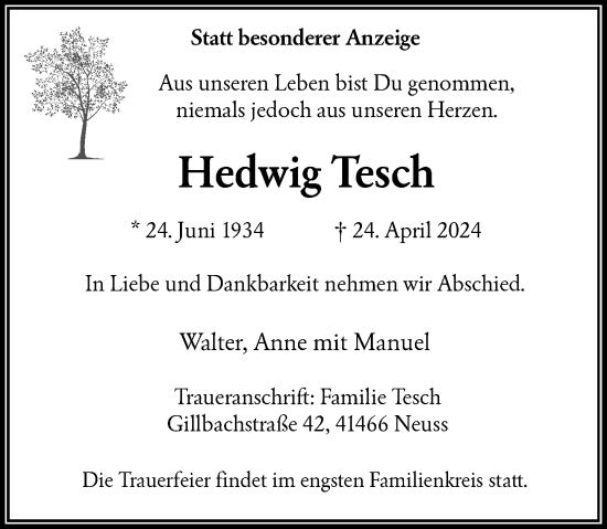 Traueranzeige von Hedwig Tesch von Rheinische Post