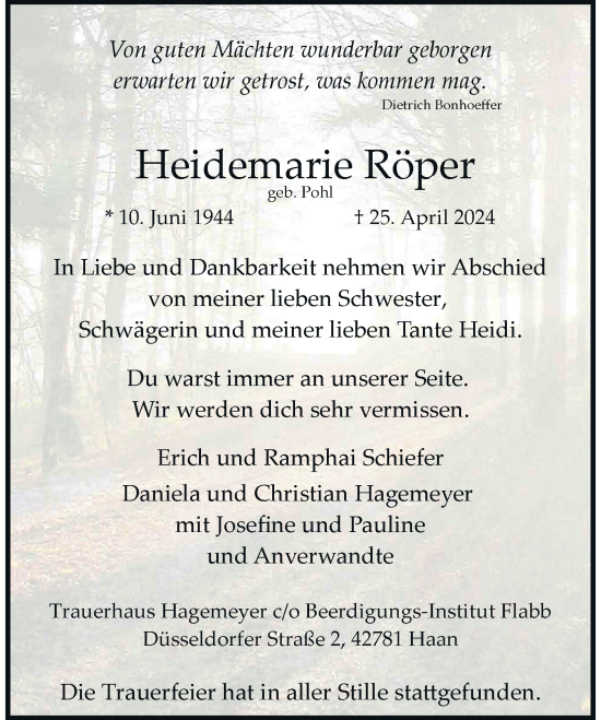 Traueranzeige von Heidemarie Röper von Rheinische Post