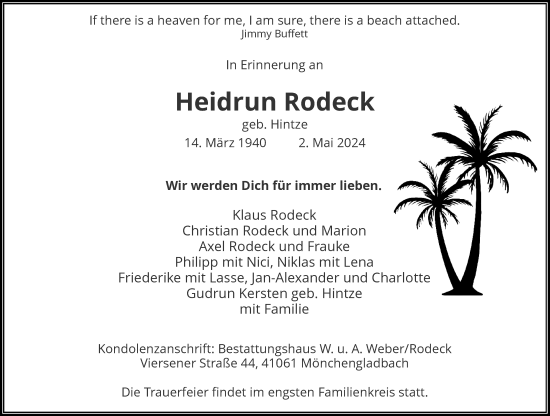 Traueranzeige von Heidrun Rodeck von Rheinische Post