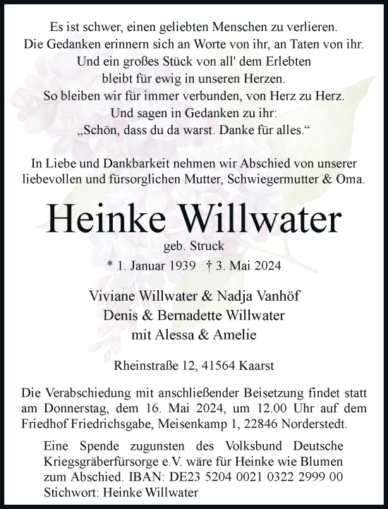 Traueranzeige von Heinke Willwater von Rheinische Post
