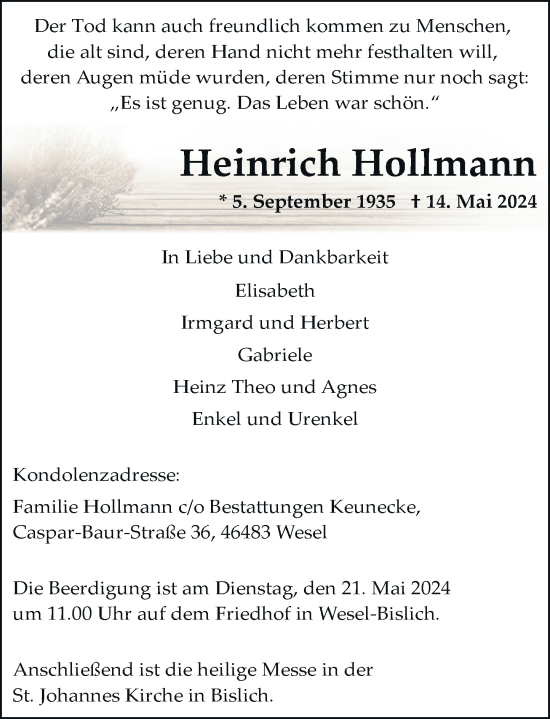 Traueranzeige von Heinrich Hollmann von Rheinische Post