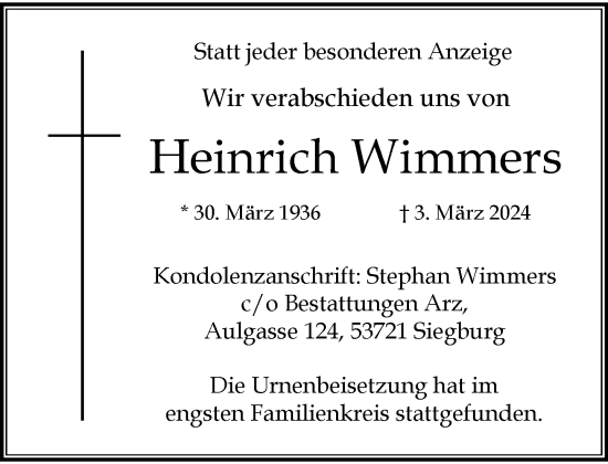Traueranzeige von Heinrich Wimmers von Rheinische Post