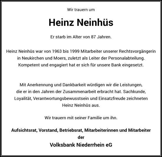 Traueranzeige von Heinz Neinhüs von Rheinische Post