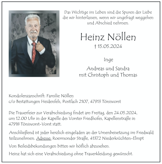 Traueranzeige von Heinz Nöllen von Rheinische Post