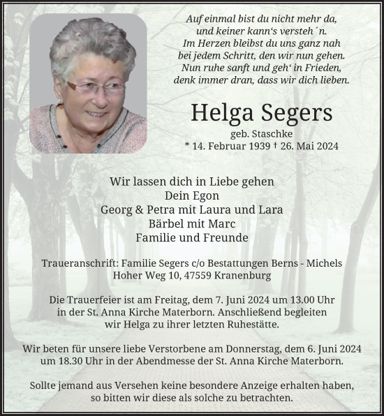 Traueranzeige von Helga Segers von Rheinische Post