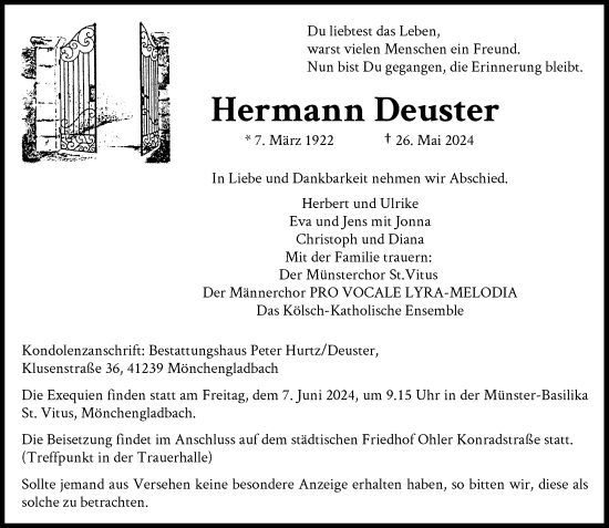 Traueranzeige von Hermann Deuster von Rheinische Post