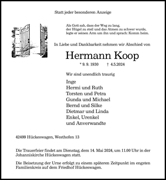 Traueranzeige von Hermann Koop von Rheinische Post
