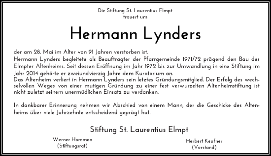 Traueranzeige von Hermann Lynders von Rheinische Post