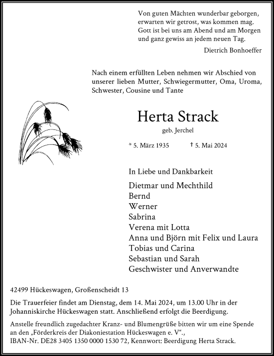 Traueranzeige von Herta Strack von Rheinische Post
