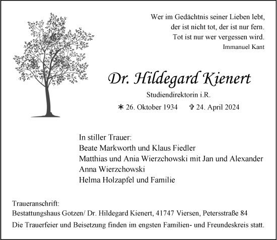 Traueranzeige von Hildegard Kienert von Rheinische Post