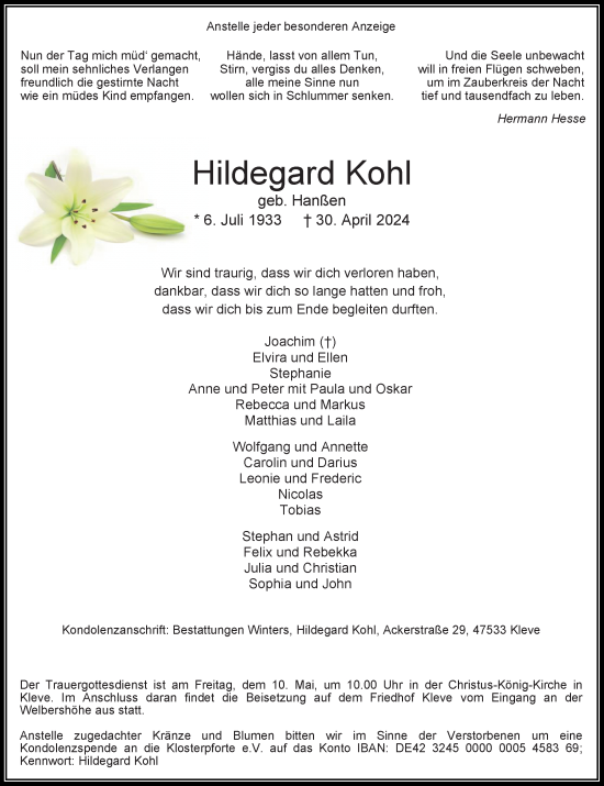 Traueranzeige von Hildegard Kohl von Rheinische Post