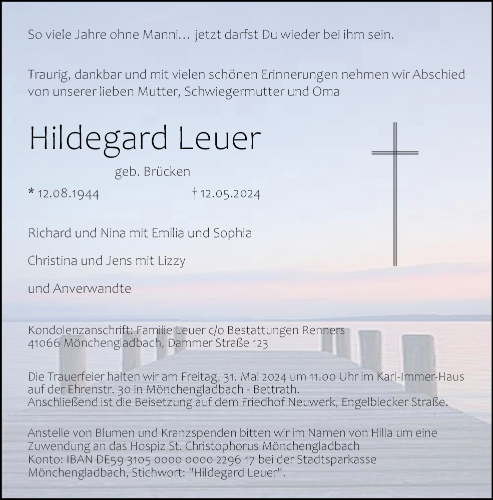  Traueranzeige für Hildegard Leuer vom 25.05.2024 aus Rheinische Post