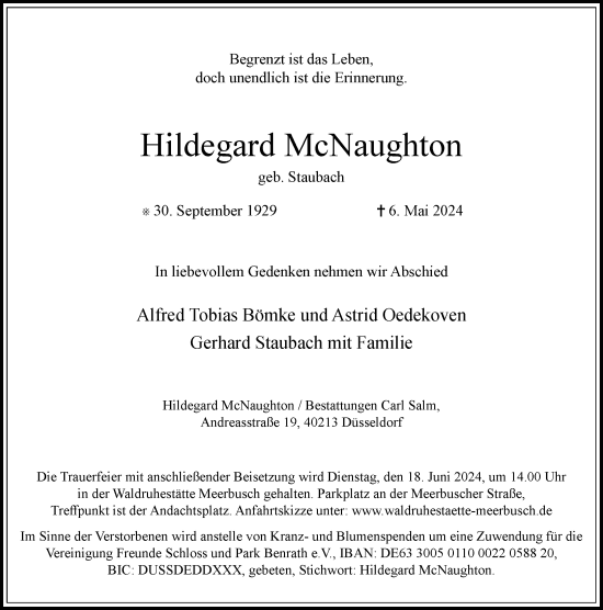 Traueranzeige von Hildegard McNaughton von Rheinische Post