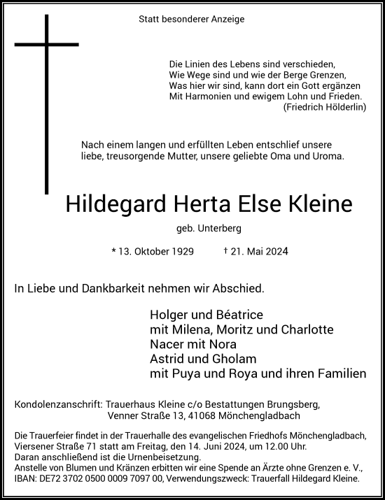 Traueranzeige von Hildegard Herta Else Kleine von Rheinische Post
