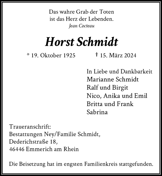 Traueranzeige von Horst Schmidt von Rheinische Post