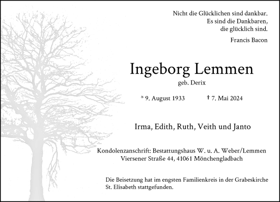 Traueranzeige von Ingeborg Lemmen von Rheinische Post