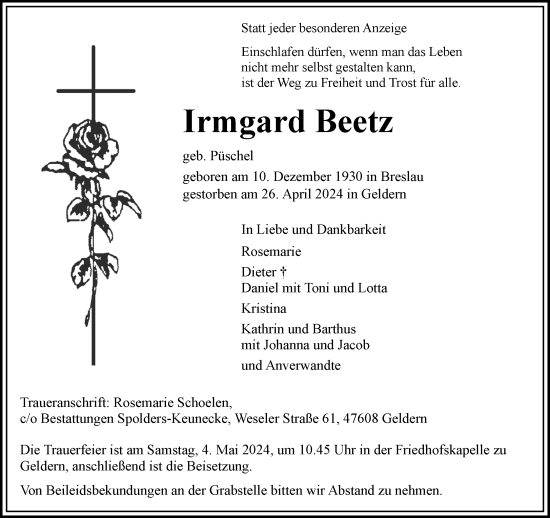 Traueranzeige von Irmgard Beetz von Rheinische Post