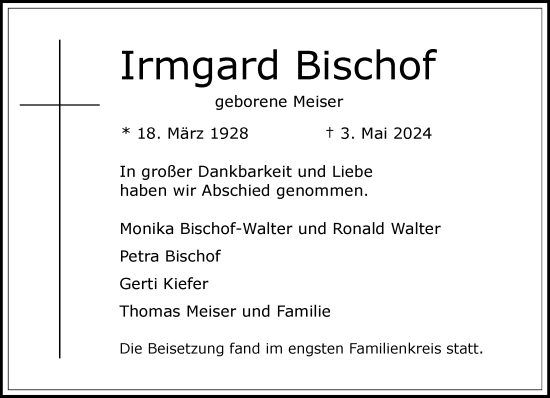 Traueranzeige von Irmgard Bischof von Rheinische Post