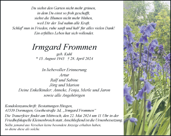 Traueranzeige von Irmgard Frommen von Rheinische Post