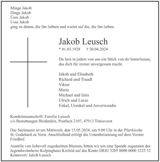 Traueranzeige von Jakob Leusch von Rheinische Post