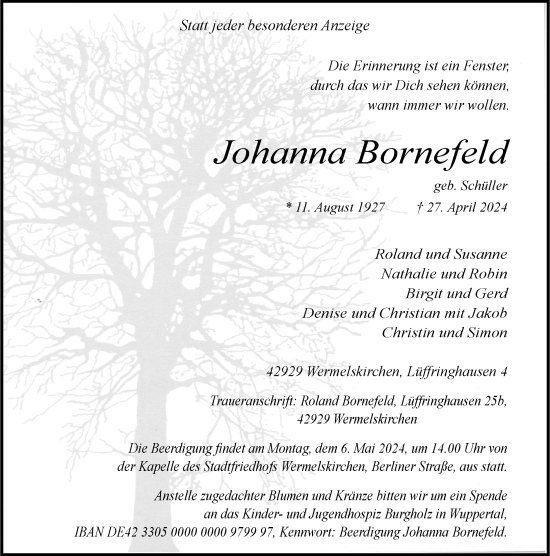 Traueranzeige von Johanna Bornefeld von Rheinische Post