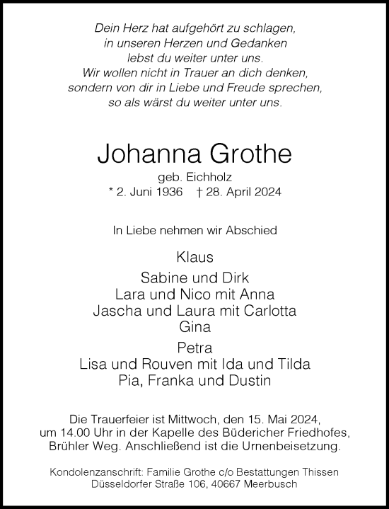 Traueranzeige von Johanna Grothe von Rheinische Post