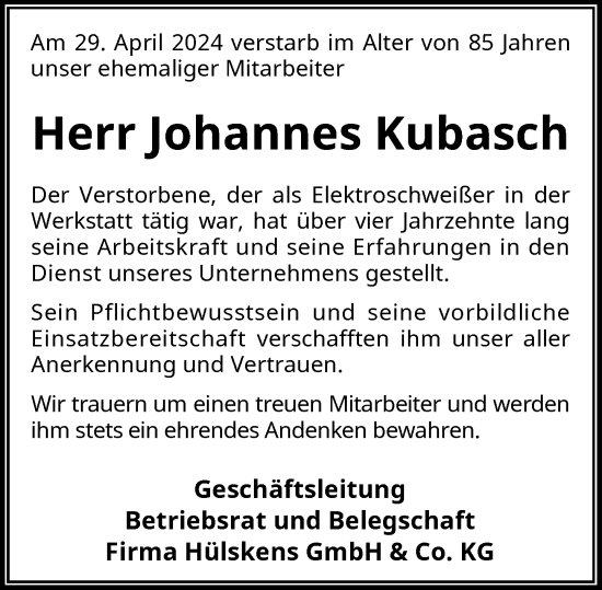 Traueranzeige von Johannes Kubasch von Rheinische Post