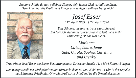 Traueranzeige von Josef Esser von Rheinische Post