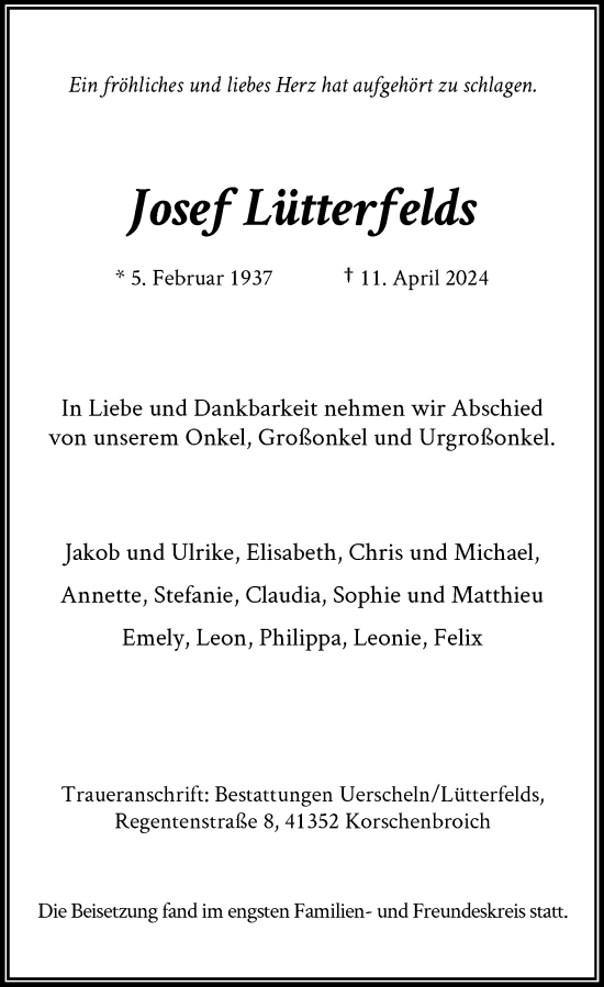 Traueranzeige von Josef Lütterfelds von Rheinische Post