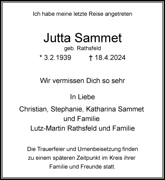 Traueranzeige von Jutta Sammet von Rheinische Post