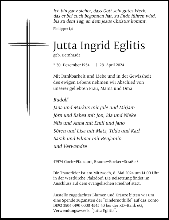 Traueranzeige von Jutta Ingrid Eglitis von Rheinische Post