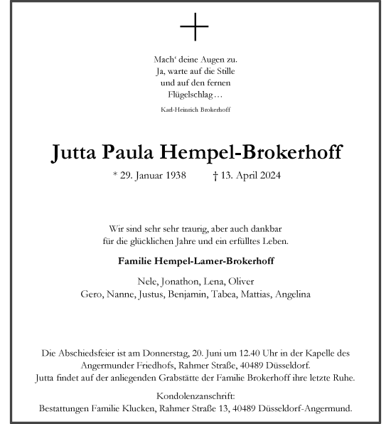 Traueranzeige von Jutta Paula Hempel-Brokerhoff von Rheinische Post