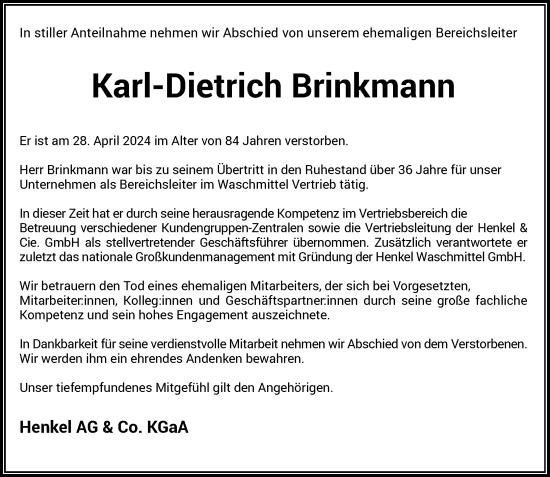 Traueranzeige von Karl-Dietrich Brinkmann von Rheinische Post