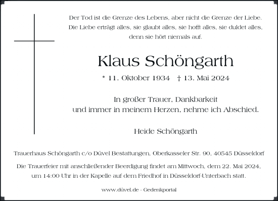 Traueranzeige von Klaus Schöngarth von Rheinische Post