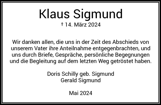 Traueranzeige von Klaus Sigmund von Rheinische Post