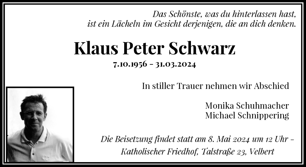  Traueranzeige für Klaus Peter Schwarz vom 04.05.2024 aus Rheinische Post